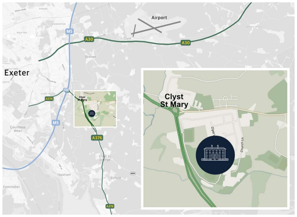 Location map showing Winslade Park at Clyst St Mary near Exeter, close to M5 Junction 30, the A30 and Exeter Airport.