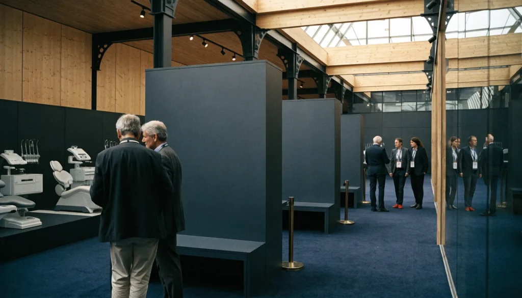 A dental trade exhibition with equipment displays under a timber and glass roof.