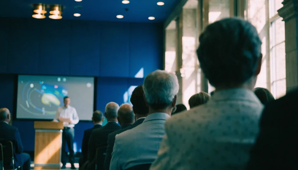 Delegates watching a speaker present beside a large screen at a dental conference.