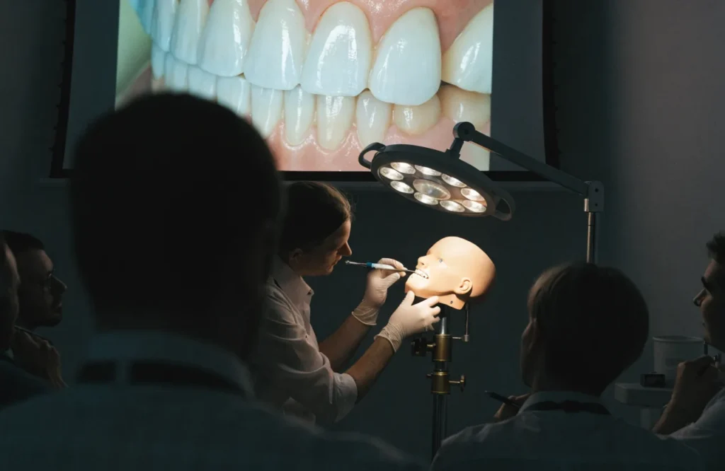A clinician demonstrating a procedure on a manikin under a surgical light, relayed on a screen above.